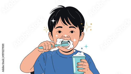 Young boy with black hair diligently brushes his teeth with foamy toothpaste to maintain good dental health and hygiene.