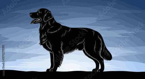 Silhouette of a majestic black dog standing against a gradient blue sky, showcasing its elegant profile and strong stance.