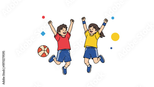 Energetic boy and girl jumping for joy after winning a basketball game at a school sports festival celebration.