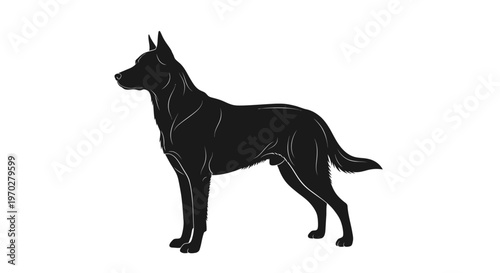 Silhouette of a majestic dog standing alertly on a clean white background.