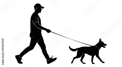 Silhouette of a person walking a dog on a leash.