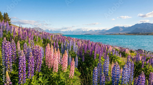 Photography Colorful lupin flowers covering hillsides by a turquoise glacial lake, with snow-capped mountains under a blue sky