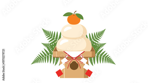 Traditional kagami mochi decoration with a bitter orange on top used to welcome the Japanese New Year with prosperity.