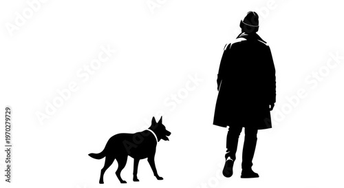 Silhouette of a person walking with their dog on a white background.
