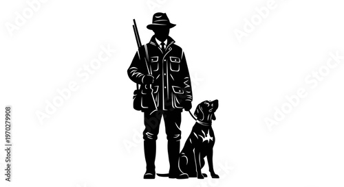 Hunter with dog black and white illustration.