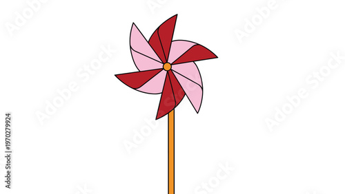 Traditional red and pink pinwheel toy on a wooden stick spinning in the wind for outdoor childhood fun.