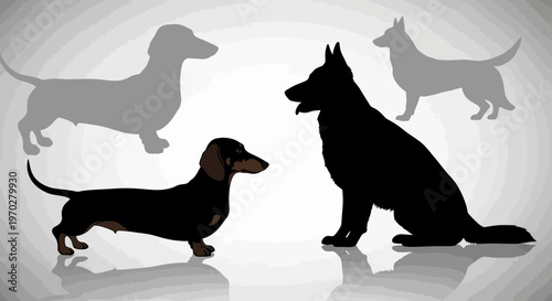 Silhouettes of a dachshund and a German shepherd with their shadows, representing different dog breeds and sizes.