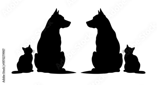 Silhouettes of dogs and cats facing each other in a symmetrical composition.
