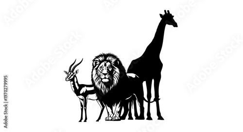 Silhouettes of African wildlife including a lion, giraffe, and gazelle.
