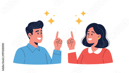 Cheerful man and woman looking at each other while pointing up with sparkles showing they found an answer.