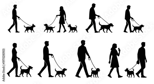 Silhouettes of people walking dogs on leashes, showcasing various individuals and their canine companions in a simple, graphic style.