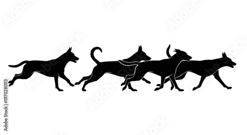 Silhouettes of running dogs in a row on a white background.