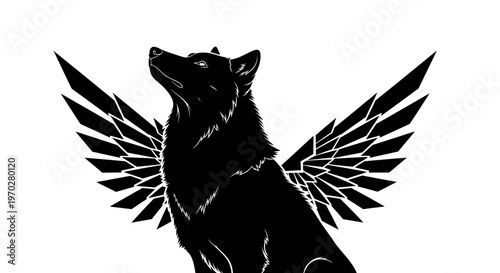 Majestic black wolf with wings looking up, isolated on white background.