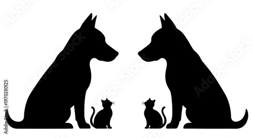 Silhouettes of two dogs and two cats facing each other on a white background.