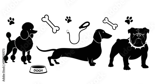 Silhouettes of various dog breeds and pet accessories.