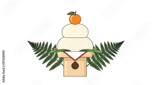 Decorative kagami mochi rice cakes with a bitter orange and green leaves arranged for a Japanese New Year ritual.