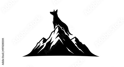 Majestic Wolf Silhouette atop Mountain Peak Vector Illustration.