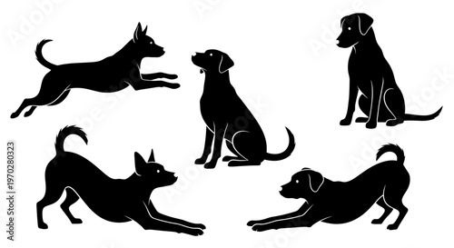 Silhouettes of various dog breeds in different poses on a white background.
