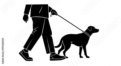 Person walking a dog on a leash, black and white illustration.