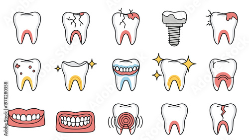 Dental health collection showing various tooth conditions such as decay cavities implants and professional hygiene treatments.
