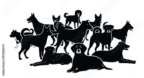 Silhouettes of various dog breeds standing and lying down.
