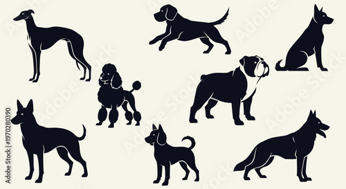 Various dog breeds silhouettes collection on a light background.