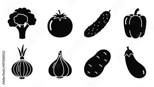 A collection of various vegetables including broccoli tomato cucumber and eggplant presented as a dark silhouette high quality professional detailed modern