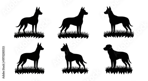 Six distinct dog silhouettes standing gracefully on grassy terrain.