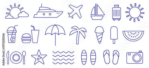 Summer vacation icons representing beach activities, travel essentials, and refreshing treats in a minimalistic design