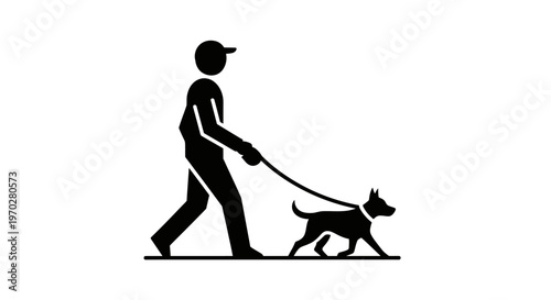 Simple black silhouette of a person walking a dog on a leash.