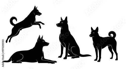 Set of four black dog silhouettes in various poses.