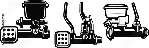 Automotive brake master cylinder with fluid reservoir and pedal assembly in black and white technical vector illustration for vehicle mechanical engineering repair