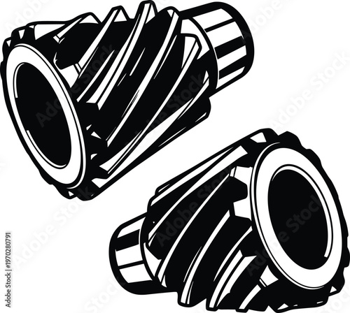 Industrial helical spiral gears in black and white technical vector illustration for heavy machinery mechanical power transmission engineering and engine part design