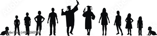 Silhouette illustration showing human life stages from baby to adulthood and graduation representing growth, development, education, and aging concept process