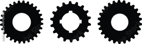 Black silhouette vector illustration of industrial gear wheels and mechanical cogs for engineering projects, machine transmission systems, and technical hardware designs.