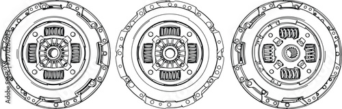 Set of automotive clutch disc and pressure plate vector line art illustrations for car transmission repair, mechanical engineering, and spare parts.