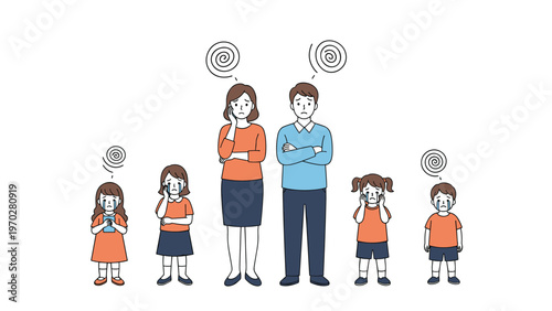 Entire family including parents and children look distressed and crying with dizzy symbols representing shared stress.