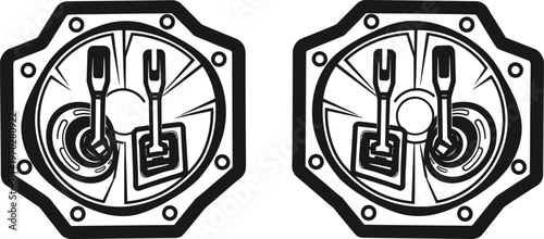 Heavy machinery cabin control levers with dual joysticks and mechanical toggle switches in technical vector line art illustration for industrial equipment operator
