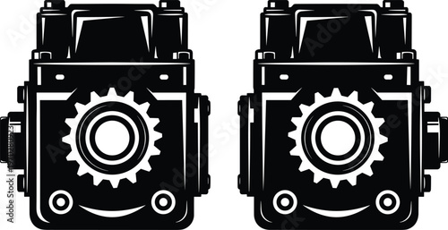 Industrial mechanical gearbox with gear wheel and metal casing assembly in heavy duty technical vector illustration for engineering manufacturing and machinery design