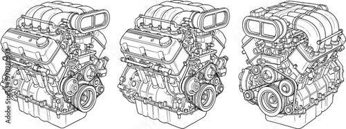 Detailed internal combustion car engine technical line art vector illustration with v8 motor block intake manifold and belt drive for automotive engineering