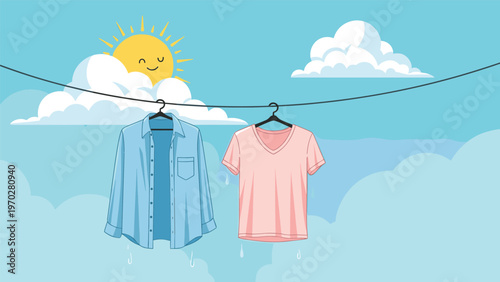 Freshly washed shirt and t-shirt hang on a clothesline under a bright blue sky with a friendly smiling sun and clouds.