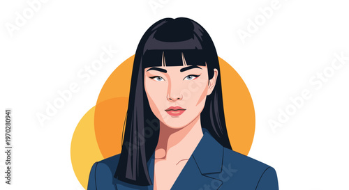 Professional portrait of a beautiful Asian woman with long black hair and bangs wearing a blue suit against an orange circle backdrop.
