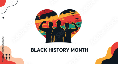 Silhouette of three men with a textured heart in colors of the pan african flag for Black History Month on a modern abstract background.