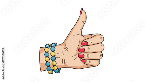Woman hand decorated with beaded bracelets and red nail polish gives a cheerful thumbs up gesture of approval.