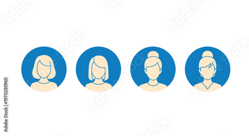 Four different female user avatars shown as white silhouettes in blue circles representing various hair styles for profiles and apps.