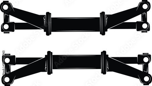 Industrial mechanical suspension linkage with heavy duty metal control arms in black silhouette vector illustration for machinery engineering and automotive assembly