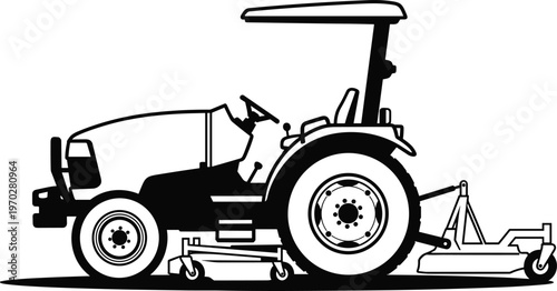 Agricultural tractor with lawn mower attachment and canopy roof in black and white silhouette vector illustration for farming gardening and landscaping equipment