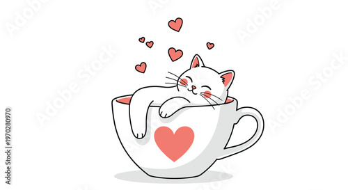 Adorable white cat sleeping inside a large coffee cup with a red heart on it and floating hearts in a cute cartoon style on white.