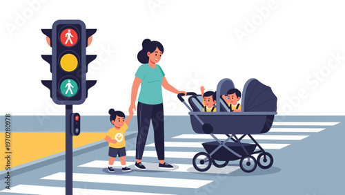 Mother safely crosses a pedestrian walkway with a toddler and a double stroller while the traffic light is green.
