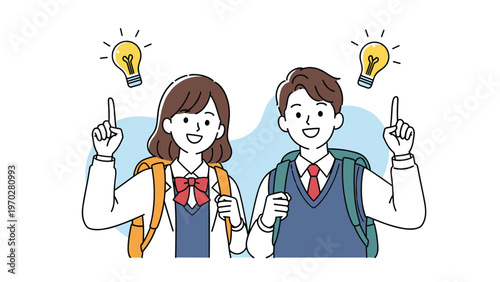 High school students in uniforms smile and point up with glowing light bulbs signifying academic ideas and success.